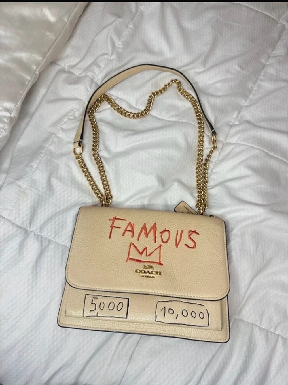 Coach Cream Leather Shoulder Bag with Red Graffiti and Gold Chain